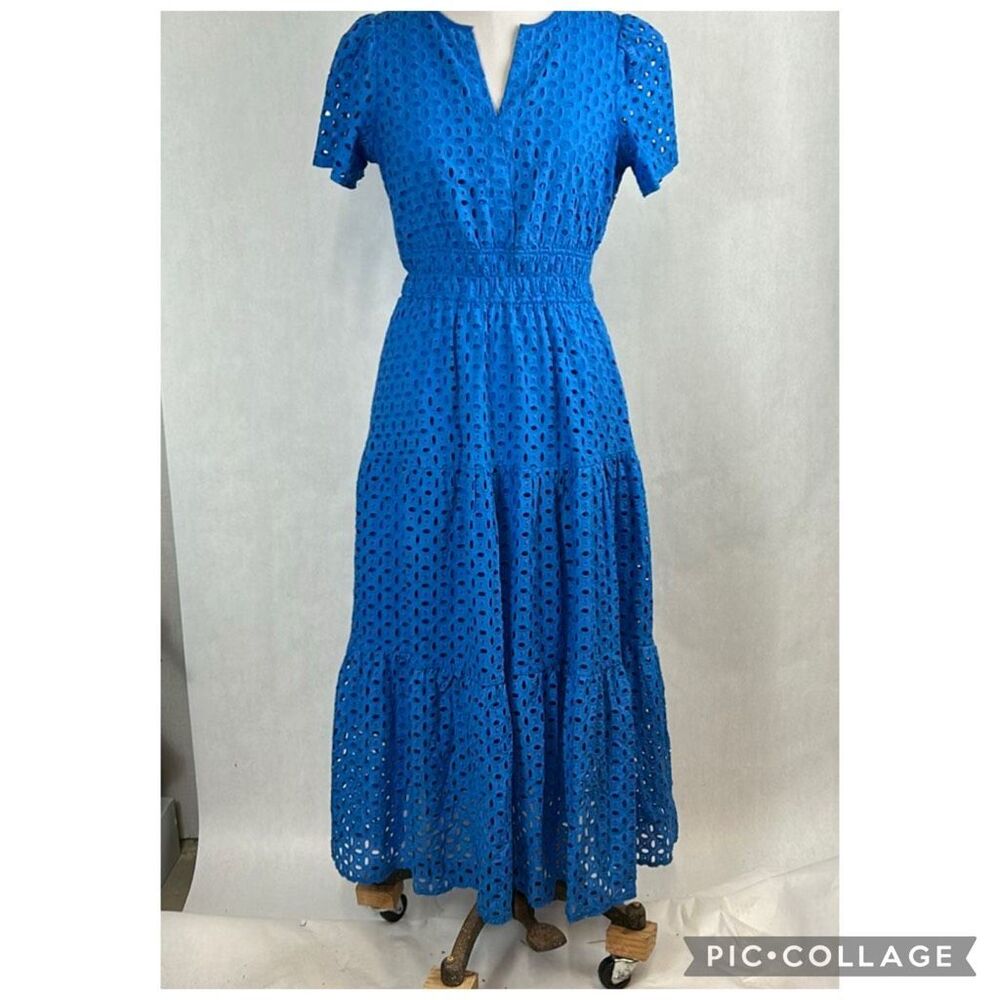PRETTYGARDEN Maxi Eyelet Dress Sz Medium Bright Blue Short Sleeve Lined Tiered